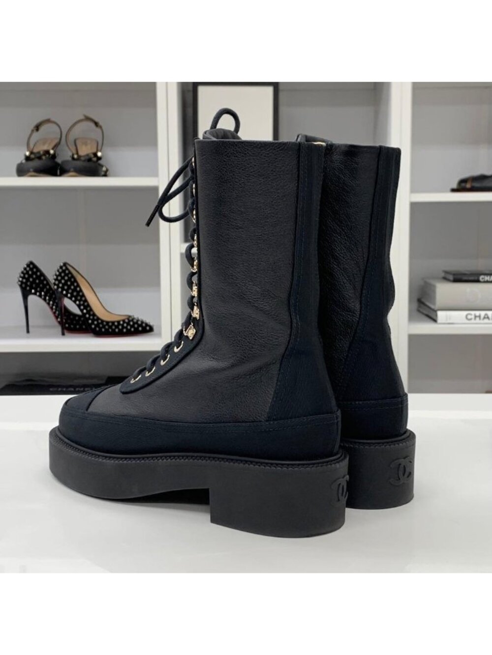 Chanel Calfskin Coco Mark Lace Up Short Boots Black - Picture 6 of 11
